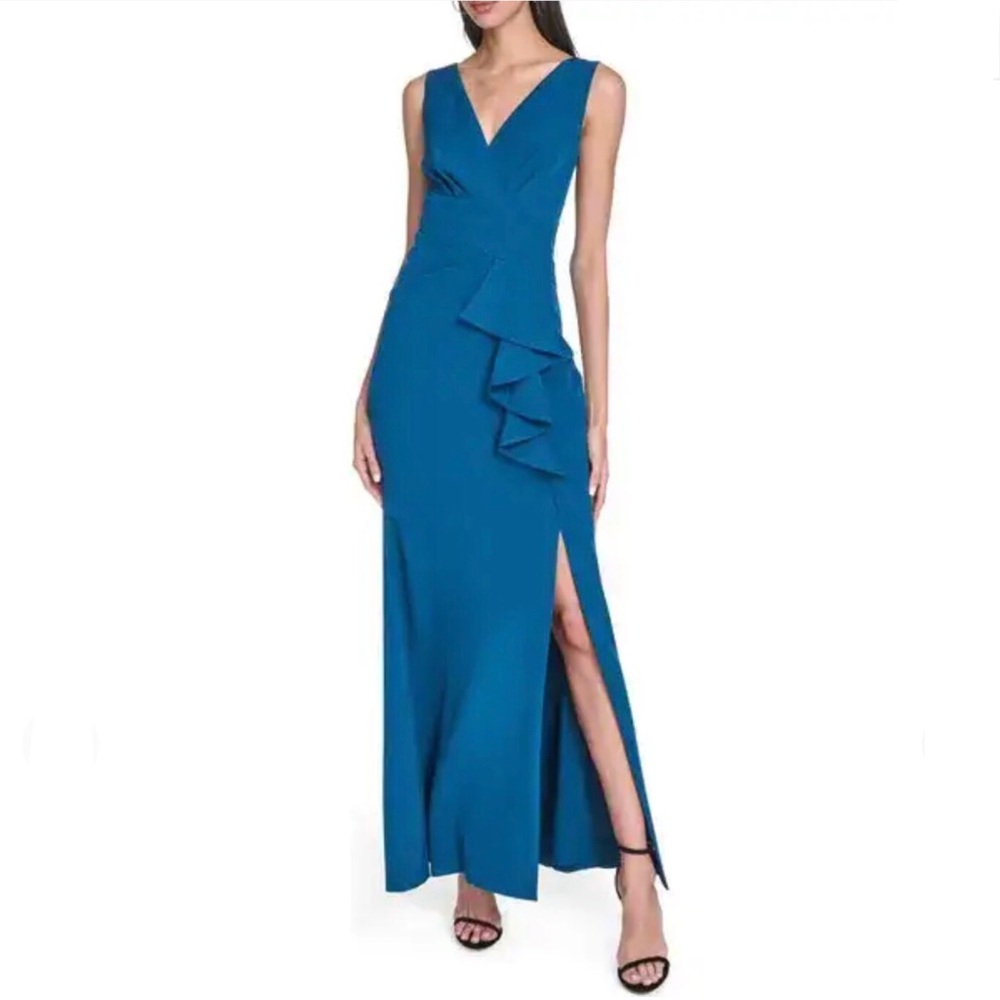 ELIZA J Laguna Ruffle Mermaid Gown Peacock Blue Sleeveless V Neck Size 6